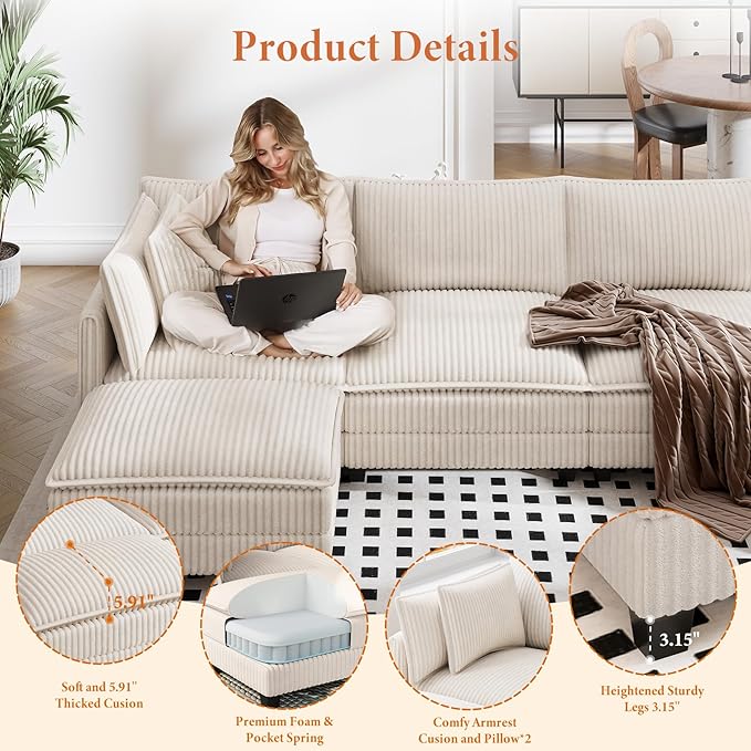 Vesgantti 109" L Shaped Cloud Sectional Couch, Comfy Corduroy Upholstered Modular Couches for Living Room, Modern 3 Seater Sectional Sofa with Ottoman Deep Seat, Beige