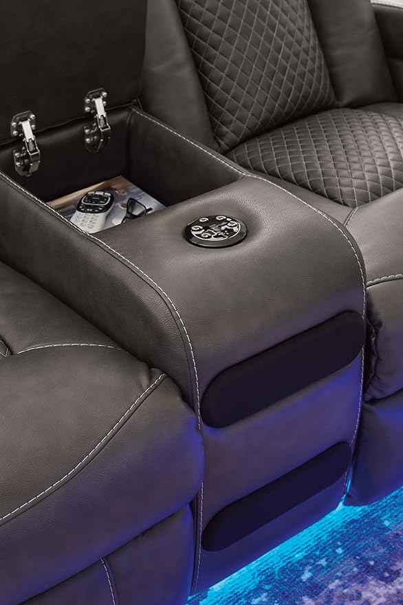 Signature Design by Ashley Fyne-Dyme Contemporary Power Reclining Loveseat with Console, USB Charging Ports and Adjustable Headrest, Gray