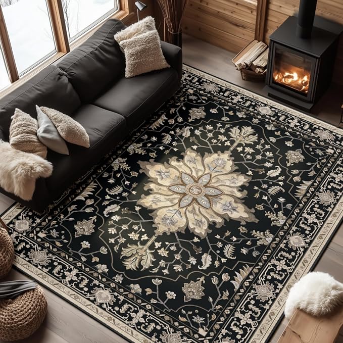 RELEANY Area Rugs 6'x8' Washable Non-Slip, Floral Vintage Distress Print by RELEANY
