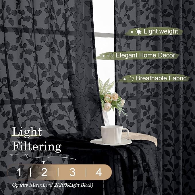 Chyhomenyc Black Sheer Curtains 90 Inch Length 2 Panels Set, Light Filtering - Image 2