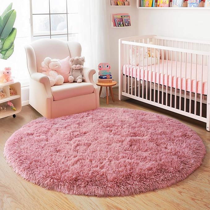 5'x5' Blush Round Rugs for Girls Bedroom, Ultra Soft Fluffy Circle Rug for Kids - Image 8