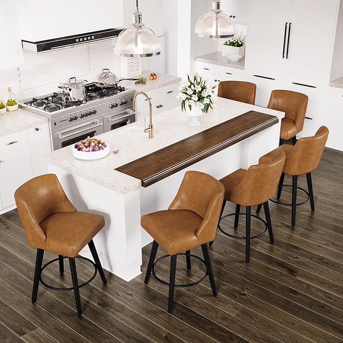 Counter Height Swivel Bar Stools Set of 6, 26 Inch Bar Stools with Footrest, Faux Leather Upholstered Barstools with Back and Solid Wood Legs for Kitchen Island, Dining Room,Pub,Brown