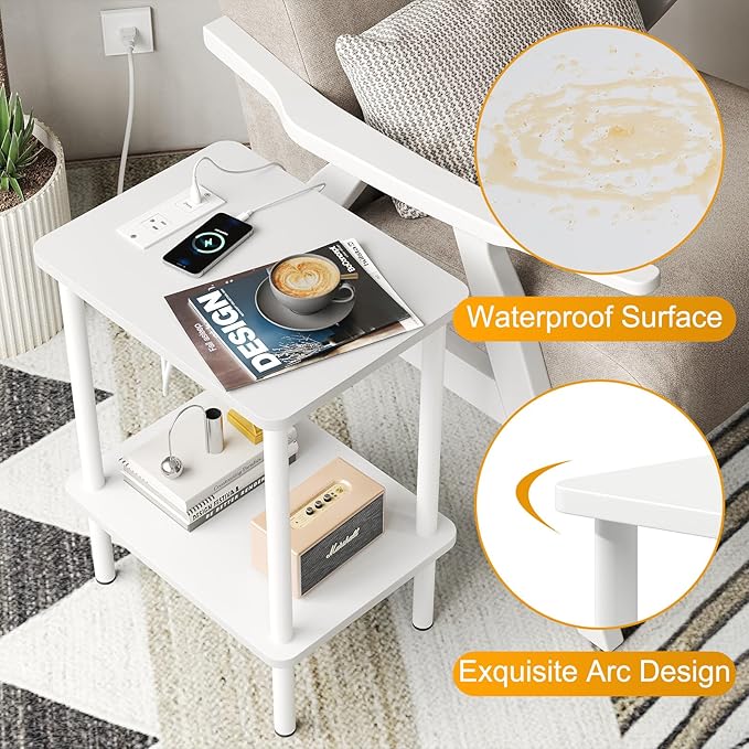 Apicizon 2 Tier End Table Set of 2, Small Side Table with Charging Station, Boho Bedside Table with USB Ports and Outlets, Nightstand for Small Spaces, Bedroom, Living Room, Easy Assembly, White