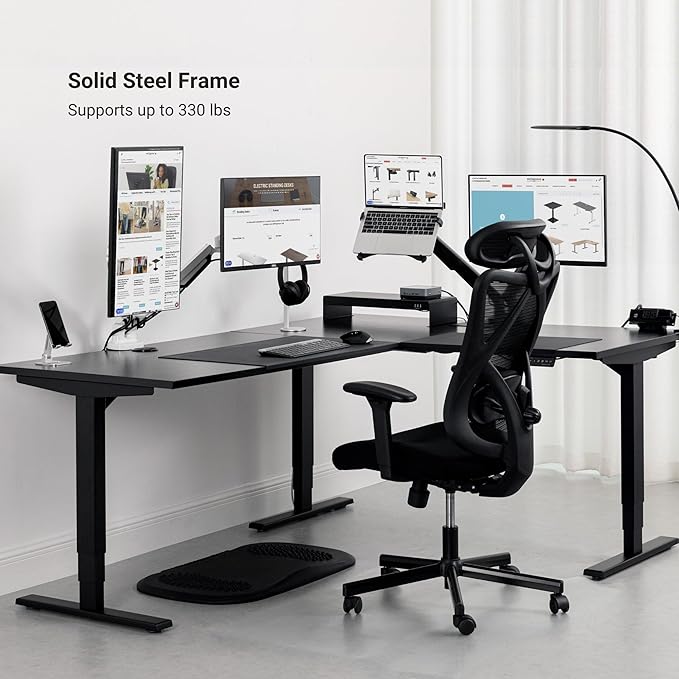 Progressive Desk Stand Up Height Adjustable Electric Standing Desk - L Shaped 60" x 72" Corner Computer Rising Workstation Table - Black Frame, Ebony Oak Top