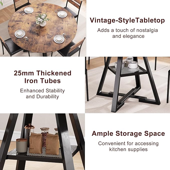 Round Dining Table for 4,Kitchen Dining Room Circle Dinner Pedestal Table,Space Saving Wood Kitchen & Dining Room Furniture (Vintage, 47In)
