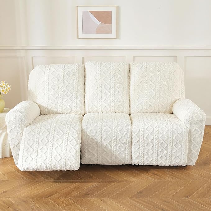 vctops 8 Pieces Geometric Jacquard Plush Recliner Sofa Covers Soft Fuzzy Fluffy 3 Seats Couch Cover Anti-Slip Sofa Slipcover Furniture Protector with Elastic Bottom for Kids Pet(Cream,3 Seat)