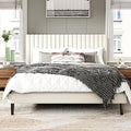 Full Size Bed Frame with Velvet Upholstered Headboard, Platform Bed with Strong Wood Slats, Mattress Foundation, Box Spring Optional, Easy Assembly, Beige