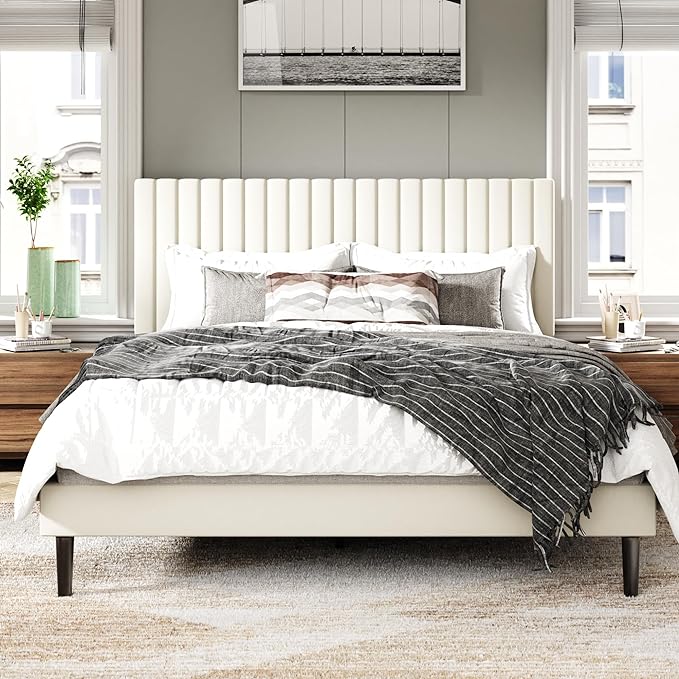Full Size Bed Frame with Velvet Upholstered Headboard, Platform Bed with Strong Wood Slats, Mattress Foundation, Box Spring Optional, Easy Assembly, Beige