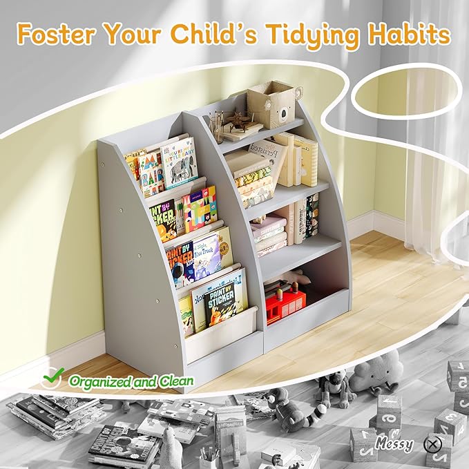 4 Tier Kids Bookshelf Set of 2,4 Layer Sling Kids Book Shelf for Kids Rooms,Wood Children Bookcase,Baby Storage Book Rack,Toddler Bookshelf, Book and Toy Organizer,Book Display Shelf for Nursery