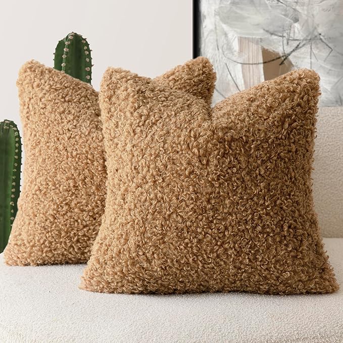 Foindtower 2 Pieces 18x18 Inch Bronze, Faux Fur Throw Pillow Cover Accent Sherpa Pillow Fuzzy Soft Pillowcases Sheepskin Decorative Fleece Cushion Case for Bed Couch Living Room
