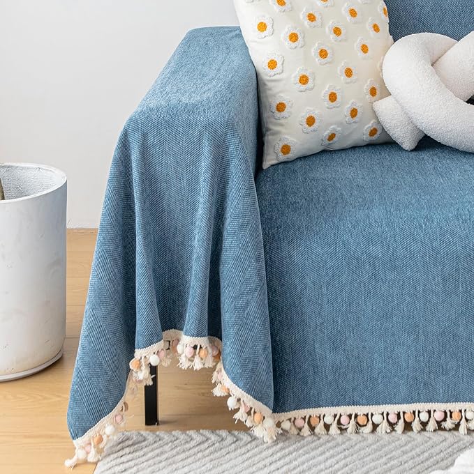 HANDONTIME Couch Slipcover Dog Sofa Covers Boho Couch Cover for Dogs Blue Sofa Throw Cover Bohemian Sofa Covers for 3 Cushion Couch Herringbone Sectional Couch Cover Slipcovers for Sofas, 71" X118"