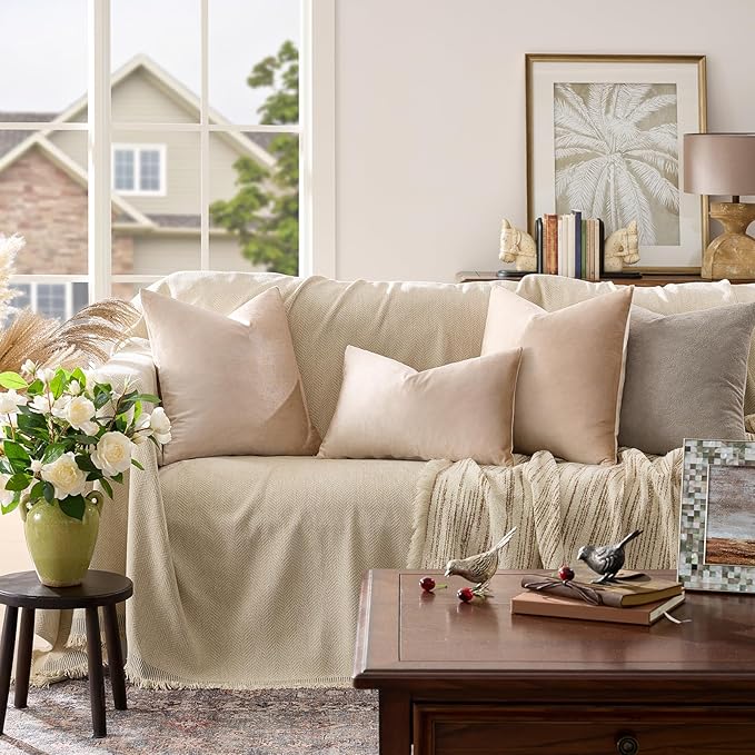 GIGIZAZA 16x16 Beige Pillow Covers: Pack of 2 Champagne Vintage Throw Pillows - Image 2