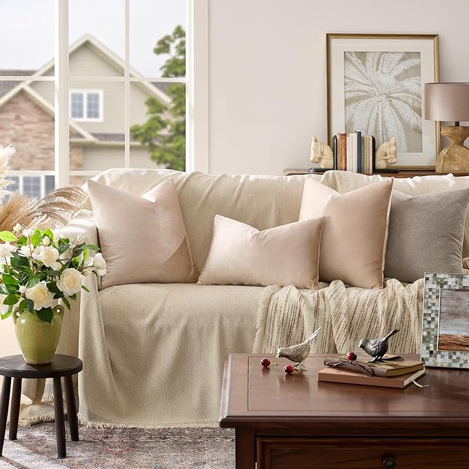 GIGIZAZA Beige Velvet Pillow Covers: Pack of 2 Super Soft Throw Pillows Solid - Image 2