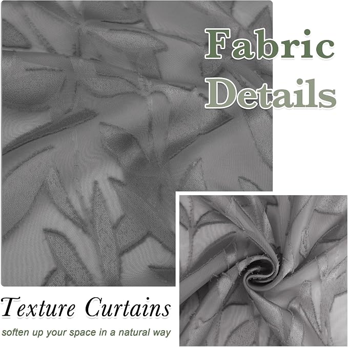 Lecloud Leia 36 Inch Charcoal Grey Sheer Curtains Tiers 2 Panels, Clip Textured - Image 7