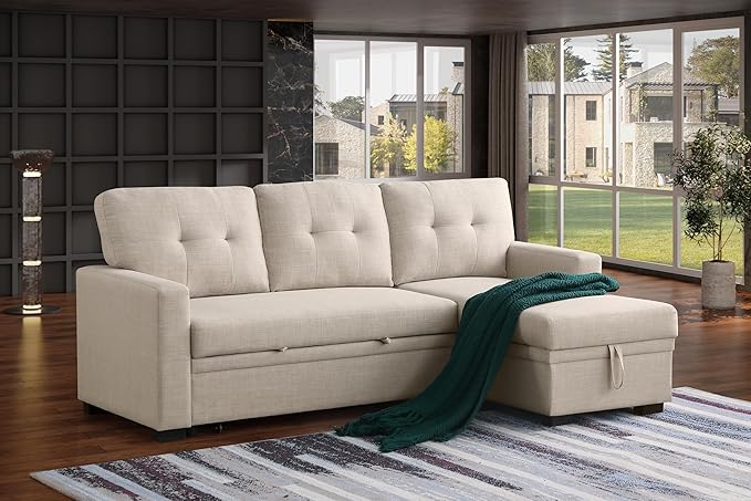 Devion Furniture Meridian 4-in-1 Convertible L Shaped Couch with Pull Out Bed and Storage, Sectional Sleeper Sofa with Reversible Chaise for Living Room, Apartment, Bedroom, Office