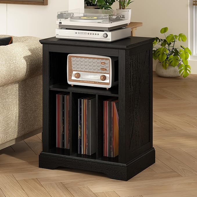 Farmhouse Record Player Stand, 3 Tier Turntable Stand with Vinyl Record Storage ,Wood Record Holder Cabinet Dispaly Shelf for Living Room,Bedroom,Office,Black