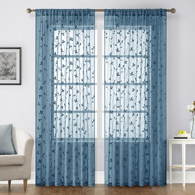 HOMEIDEAS Cyan Blue Sheer Curtains 52 X 84 Inches Length 2 Panels Embroidered by HOMEIDEAS