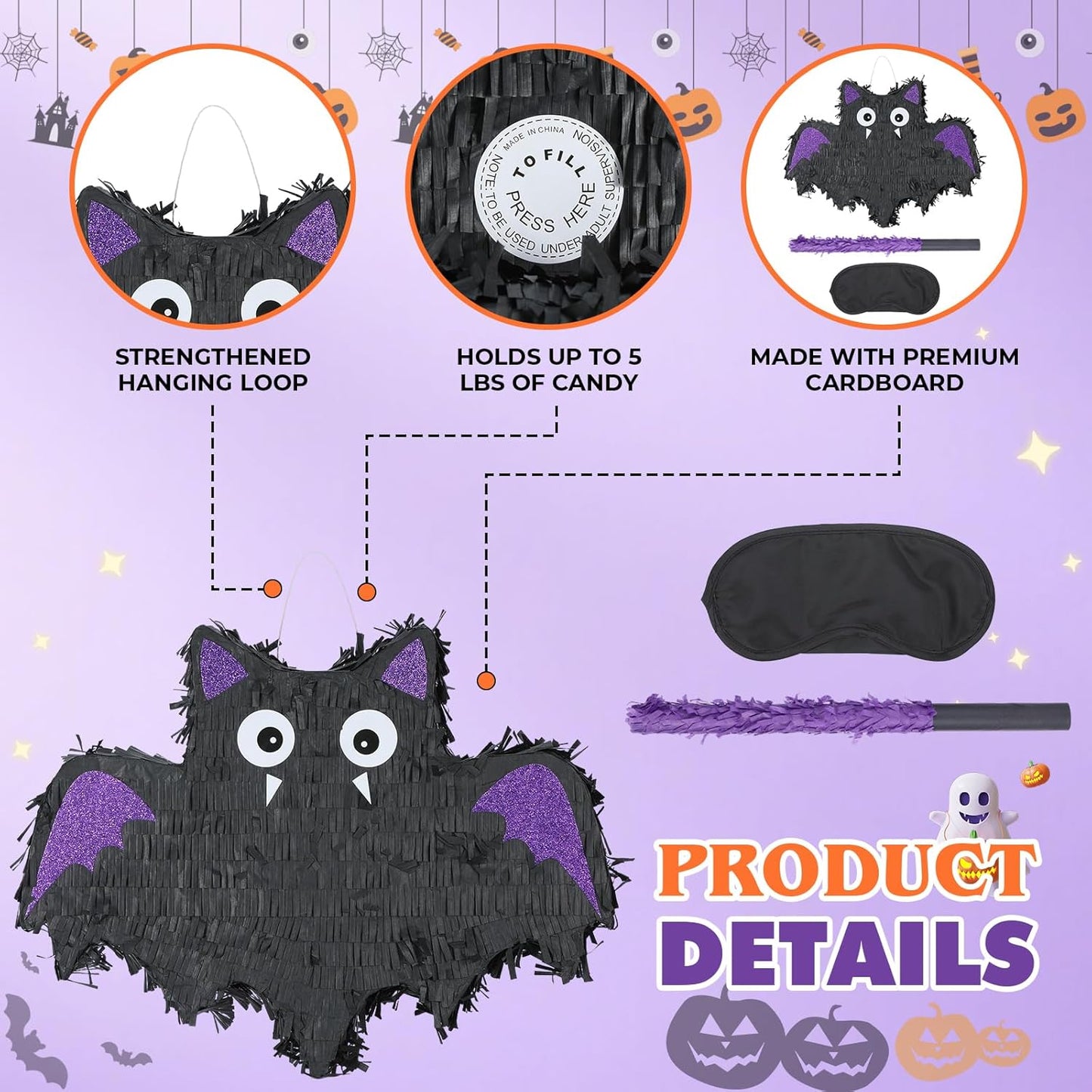 Halloween Bat Pinatas Bundle with a Blindfold and Bat (16.5 x12.6x4 Inches), Halloween Party Decoration Supply, Purple Bat Piñata, Birthday Theme Party Games