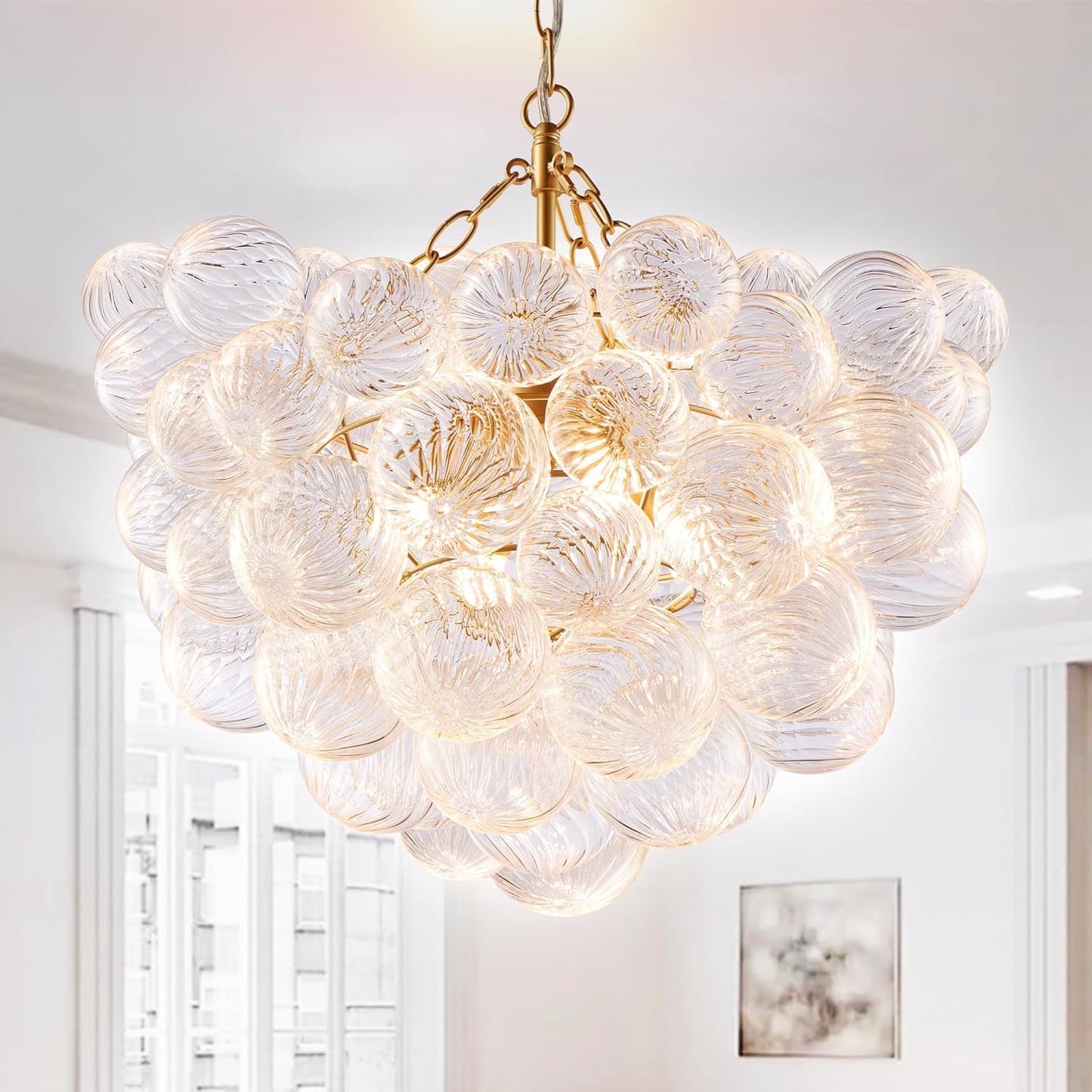 Nordic Bubble Ball Swirled Glass Chandelier, Diam 24 inch Gild Gold and Clear Blown Glass Hanging Pendant Light Fixture for Bedroom Study Restaurant