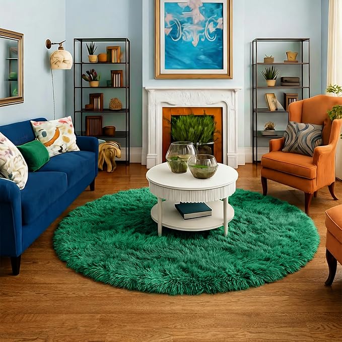 Amdrebio Dark Green Fluffy Round Rugs 5Ft - Image 5