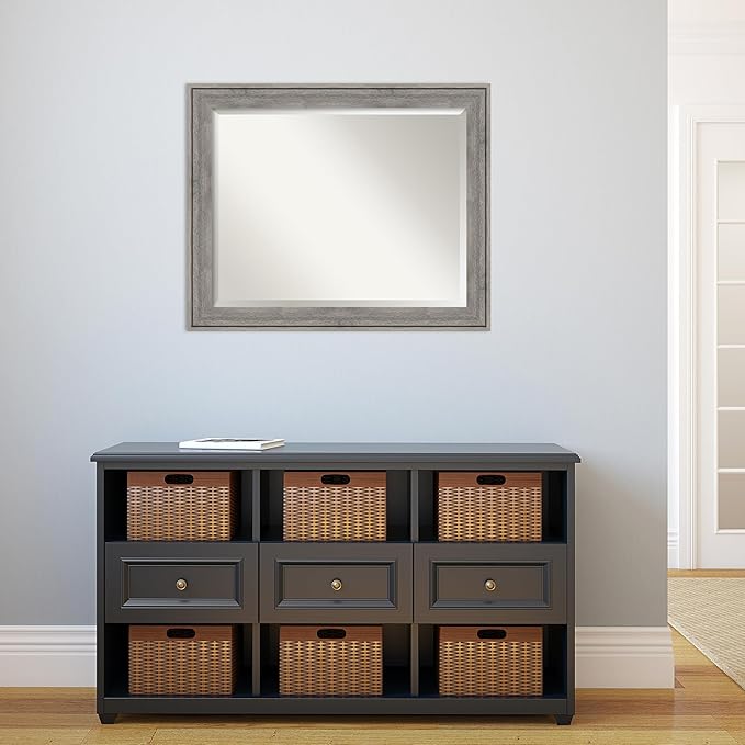 Amanti Art Grey Wall Mirror 27x33 Regis Barnwood Grey Rectangle Bathroom Mirror for Wall Decor Living Room, Large Rustic Farmhouse Wood Frame, Hangs Horizonally and Vertically, Bathroom Decor, Beveled