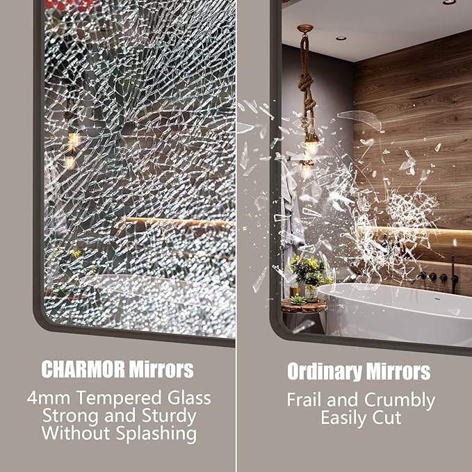 30x36 Bronze Bathroom Wall Mirror, Modern Brushed Metal Framed Mirror for Vanity, Modern Rounded Rectangle Mirror, Anti-Rust, Tempered Shatterproof (Horizontal/Vertical)