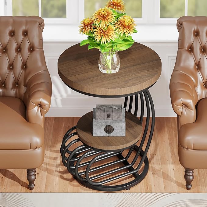 Tribesigns Round End Side Table: 2 Tiers Side Table Set of 2, Vintage End Table for Living Room, Small Bedside Table Accent Table with Arc-Shaped Frame, Light Brown