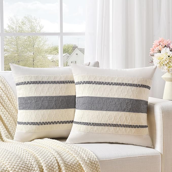 Fancy Homi Set of 1 Neutral Grey Farmhouse Decorative Throw Pillow Covers 20x20 - Image 2