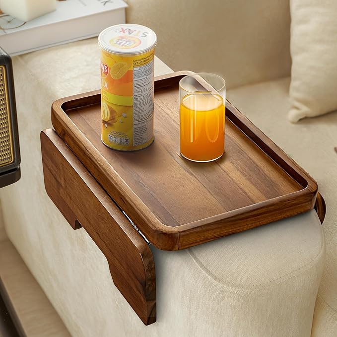 HOLANA Acacia Wood Sofa Armrest Tray - 13.75 x 9.5in Double Hinge Sofa Arm Tray Table Clip - Couch Arm Table - Wooden Side Tables for Eating and Drink (Acacia, 13.75" D x 9.5" W x 2" H)