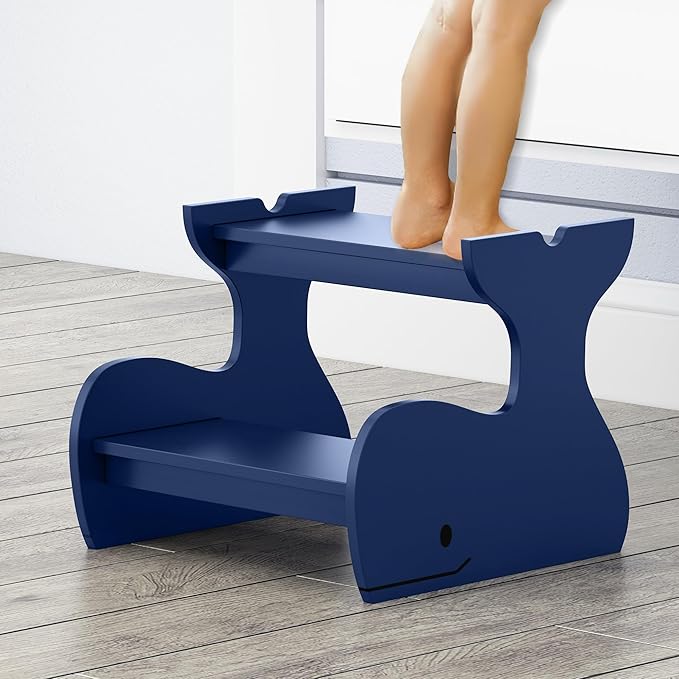 Wood Step Stools for Kids, Child Two Step Stool of Whale Shape, Toddler Step Stools Potty Training Stool, Easy to Move Safety for Kitchen, Bathroom, Bedroom, Toilet