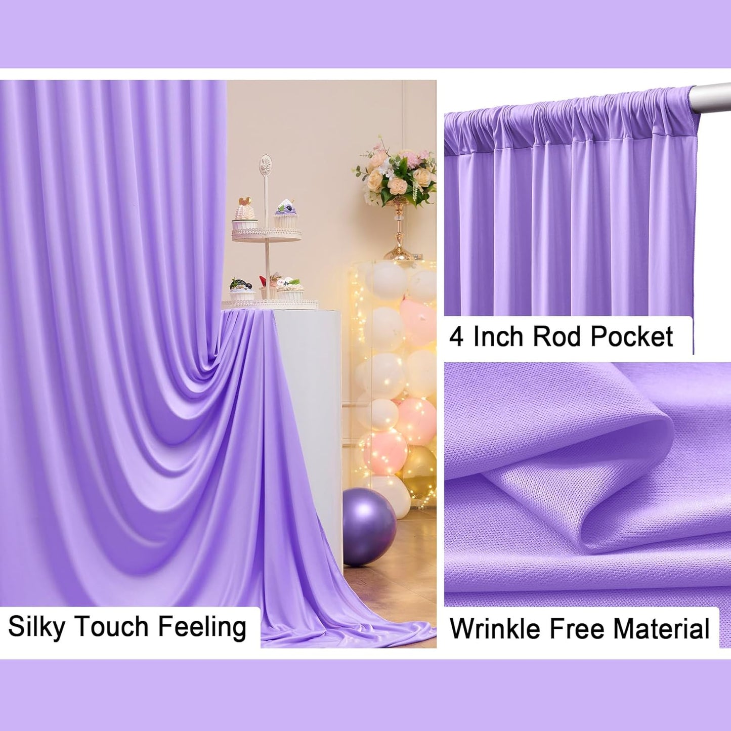 40 ft x 10 ft Wrinkle Free Lavender Backdrop Curtain for Parties, Polyester Light Purple Photo Backdrop Drapes 8 Panels 5x10ft for Baby Shower Photoshoot Wedding Birthday Party Photography Curtains