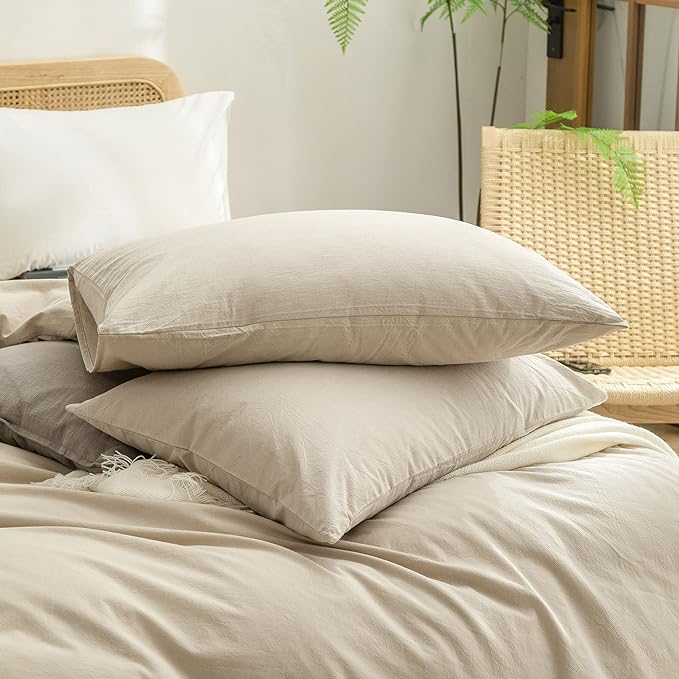 BESTOUCH Duvet Cover Set 100% Washed Cotton Linen Feel Super Soft Comfortable Chic Lightweight 3 PCs Home Bedding Set Solid Almond Milk Grey Full/Double