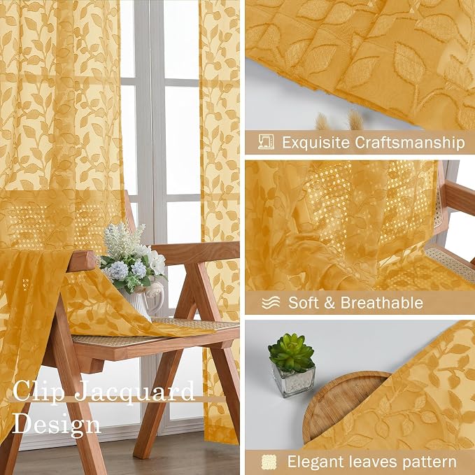 Chyhomenyc Gold Sheer Curtains 84 Inch Length 2 Panels Set, Light Filtering - Image 7