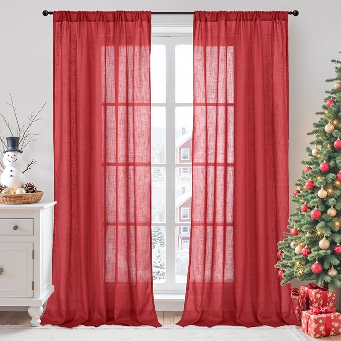 BGment Red Linen Semi Sheer Curtains by BGment