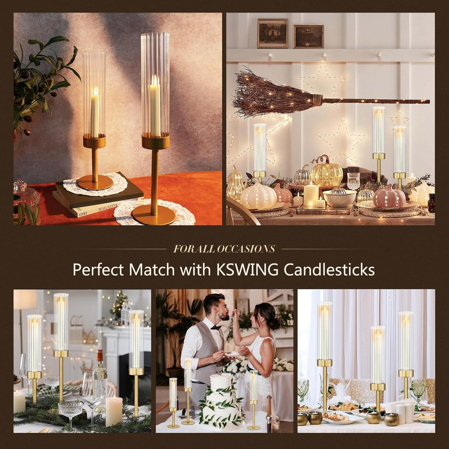 Glass Hurricane Candlestick Holders Gold, KSWING Set of 3 Taper Candle Holders Brass Tall Clear Candle Stand Holders, Perfect for Table Centerpiece Party Wedding Christmas Home Decor