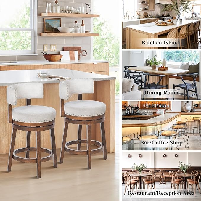 COLAMY Swivel Bar Stool, Modern Swivel Barstool with Back, Counter Height Bar Stools, 25 Inch Upholstered Wood Barstool for Kitchen Island Dining Room Bar, Beige