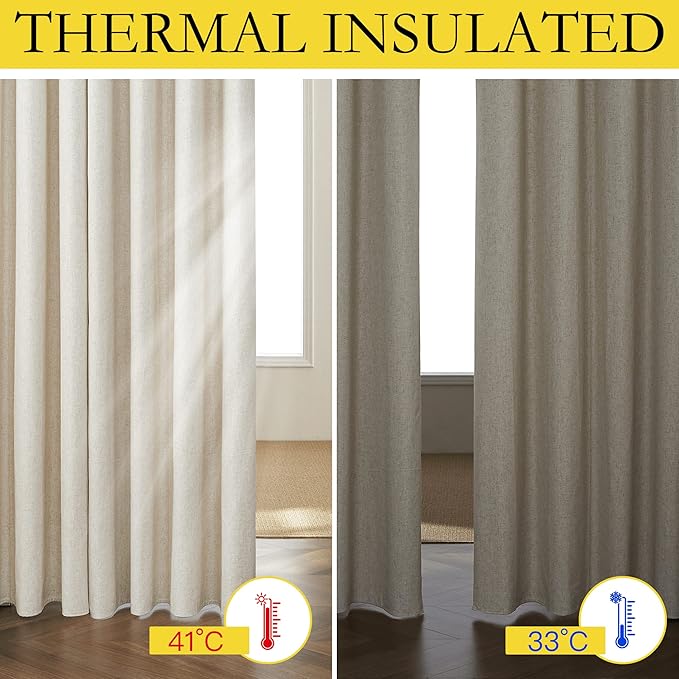 NICETOWN Natural Full Blackout Boho-Chic Linen Curtains 84 inch Long 2 Panels - Image 4