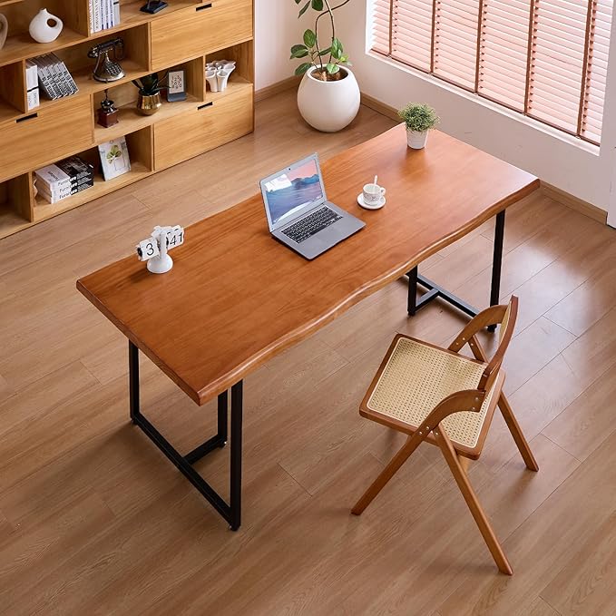 Solid Wood Administrative Desk, Dining Table with Durable Metal Legs, Uniquely Designed Leisure Table, Perfect for Restaurants and Home Offices, (Wood Brown, 62.99in)