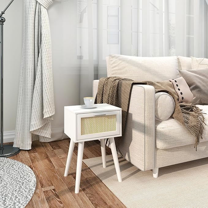 LAATOOREE Table, Nightstand Set of 2 - Small End Table with Rattan Door, Boho Style for Bedroom Living Room - White