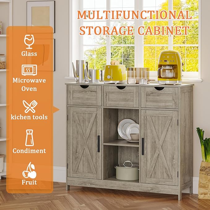 Storage Cabinet, Coffee Bar Cabinet with 2 Adjustable Shelves, 3 Drawers, and 2 Doors, for Bathroom, Kitchen, Living Room (Gray)