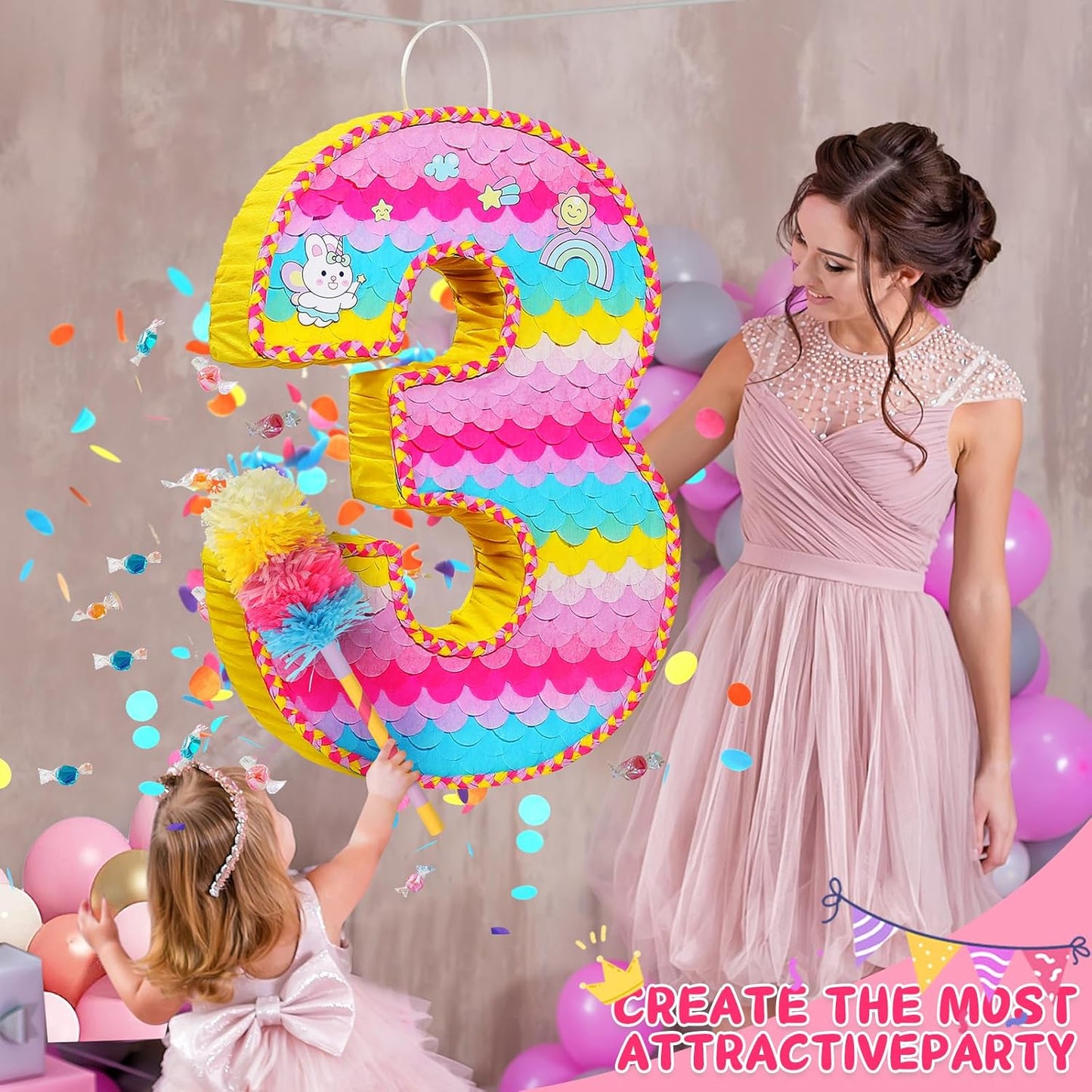 Number 3 Pinata for Birthday Party Decorations, Unicorn Mermaid Theme Pink Piñata Games Toy (3th)