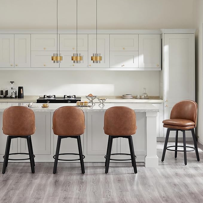 Counter Height Barstools 26 inch Upholstered Swivel Bar Stools with Back and Wood Legs for Kitchen Island,Set of 1,Brown PU Leather-Armless