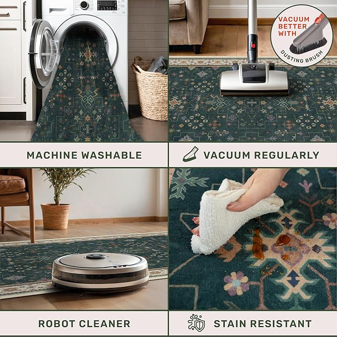 Vintage Dark Green 6x8 Dining Room Rugs for Under Kitchen Table - Washable Livinig Room Rug - Unique Floral Pastel Low Pile Non-Slip Area Rugs for Bedroom