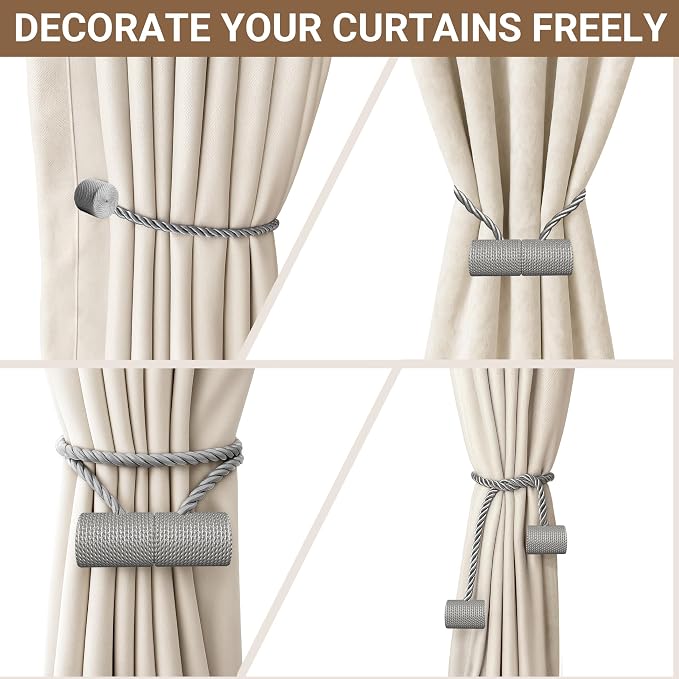 Hion Magnetic Curtain Tiebacks Grey 6 Pack, Curtain Tiebacks Buckles Holdbacks - Image 7