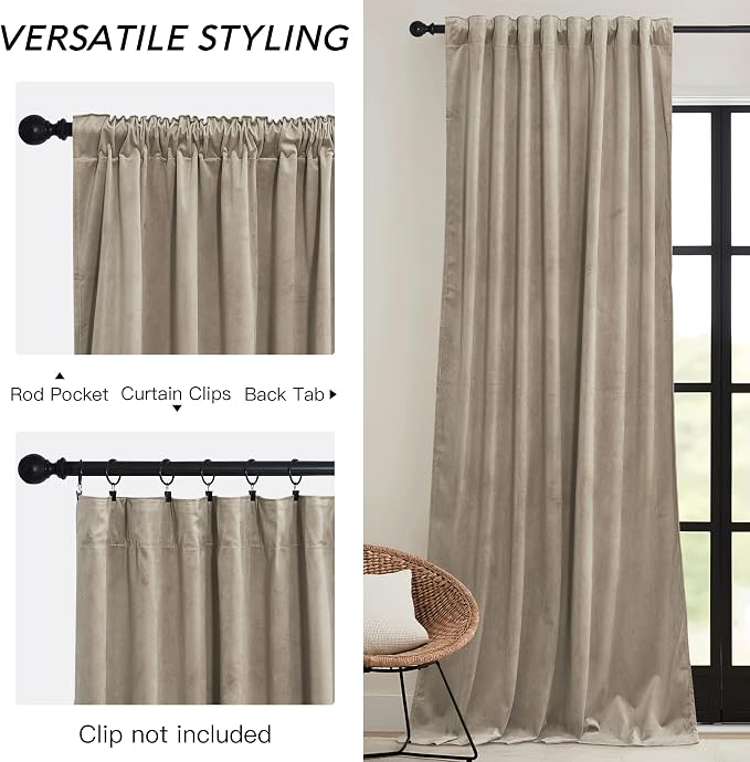 RYB HOME Camel Beige Velvet Curtains 108 inch, Room Darkening Window Curtains - Image 3