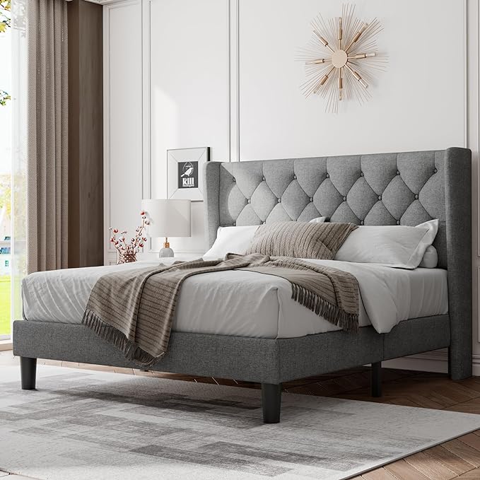 Feonase Full Size Bed Frame with Upholstered Wingback Headboard, Platform Bed and Heavy Duty Wooden Slats Support, Easy Assembly, Noise-Free, No Box Spring Needed, Light Gray