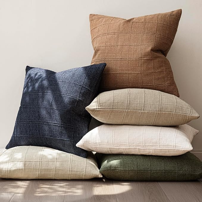 Foindtower Set of 2 Decorative Linen Check Throw Pillow Covers Neutral Farmhouse Vintage Cushion Covers Modern Boho Home Decor for Sofa Chair Couch Bedroom Living Room Outdoor,16×16 Inch,Brick