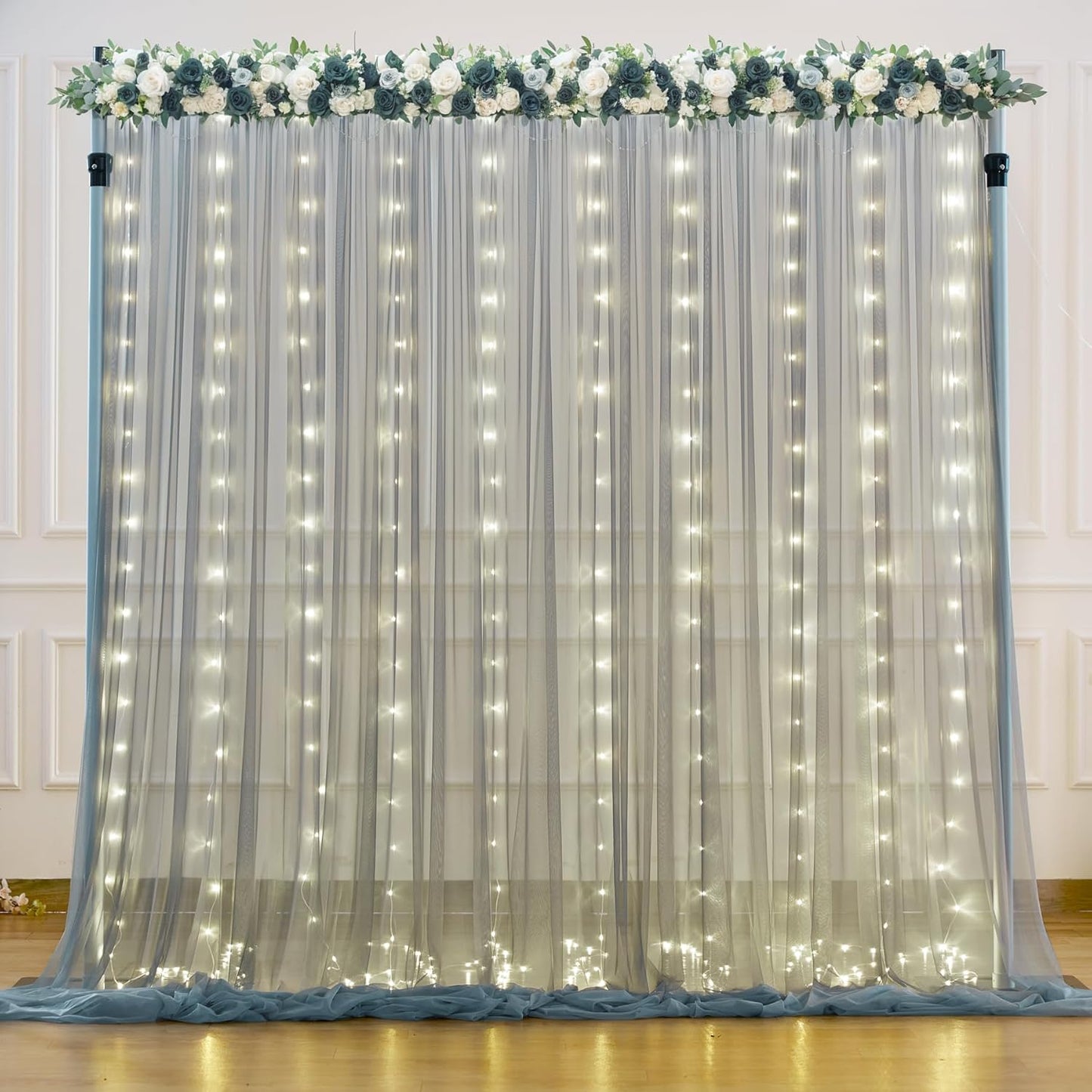 Silver Grey Tulle Backdrop Curtain with Lights String for Parites 10x8ft Sheer Backdrop Curtains for Birthday Party Bridal Shower Baby Shower Wedding Ceremony Prom Photo Booth Background Decorations