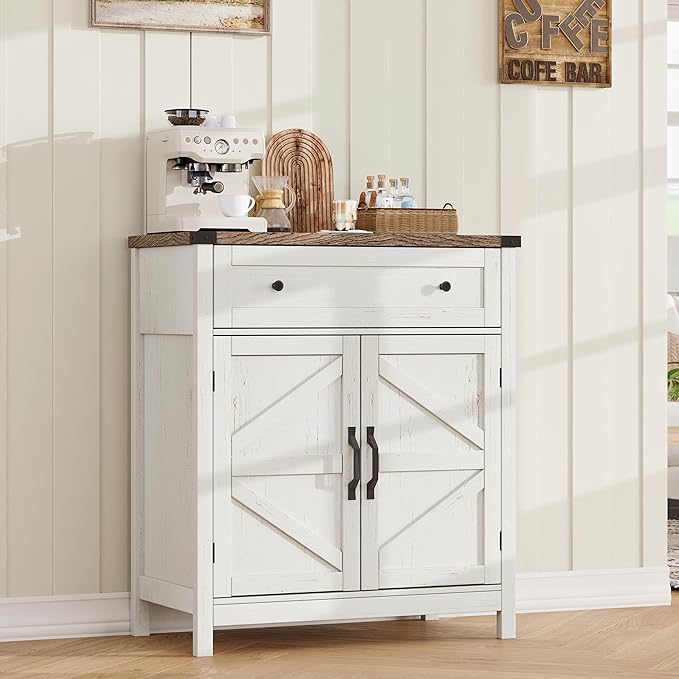 ChooChoo Kitchen Storage Cabinet, Coffee Bar Cabinet, Farmhouse Buffet Sideboard with Drawer for Kitchen, Living Room, White