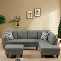L Shaped Sectional Couch with Otttoman, 97" Sectional Sofa for Living Room Flannel Modular Couches with Cup Holders for Bedroom, Apartments, Grey